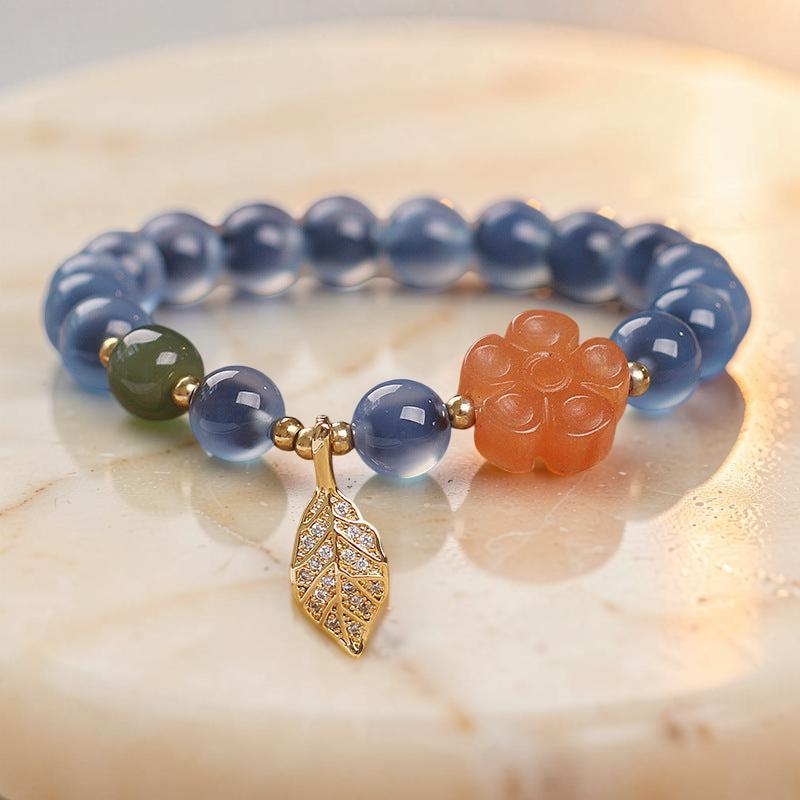 ATELIER-TIBET – Bracelet Agate Bleue – Feuille Dorée