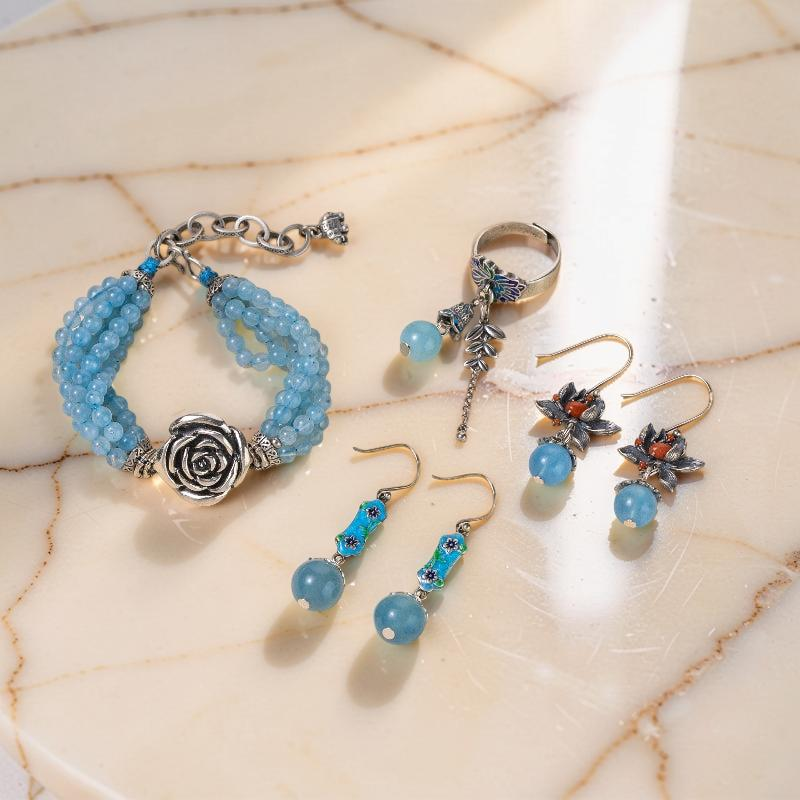 ATELIER-TIBET – Boucles d'Oreilles Aigue Marine – Lotus Sérénité, Argent
