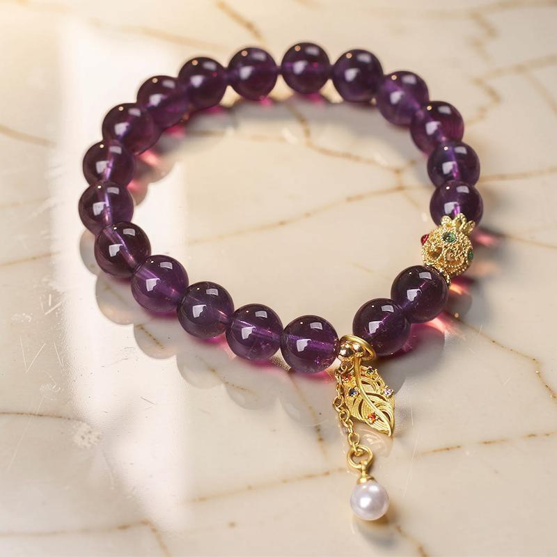 ATELIER-TIBET – Bracelet Améthyste et Perle – Feuille Dorée