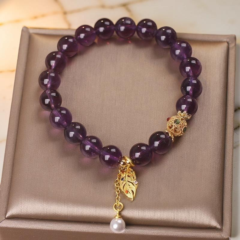 ATELIER-TIBET – Bracelet Améthyste et Perle – Feuille Dorée