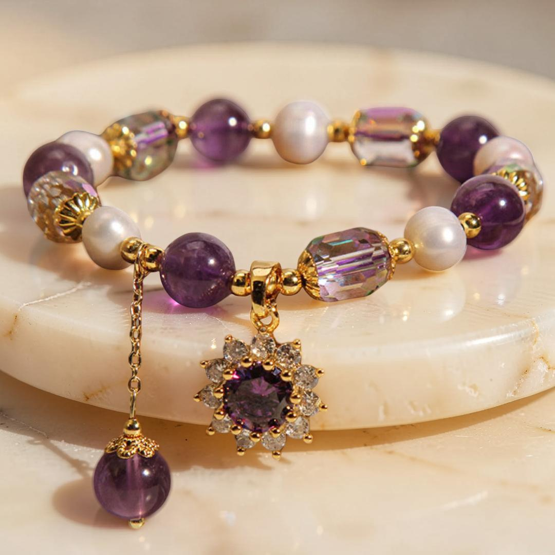 ATELIER-TIBET – Bracelet Améthyste et Perle – Fleur de Soleil