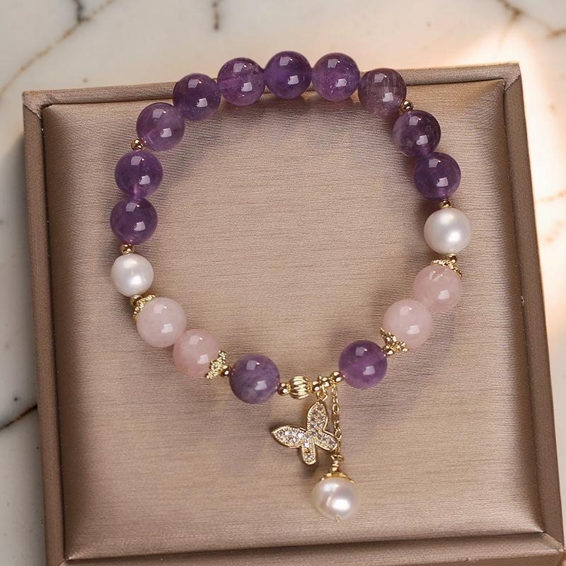 ATELIER-TIBET – Bracelet Améthyste Quartz Rose et Perle – Papillon