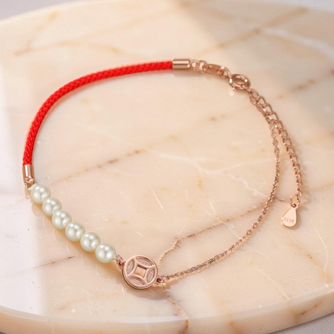 ATELIER-TIBET – Bracelet Cordon Rouge et Nacre – Abondance, Argent