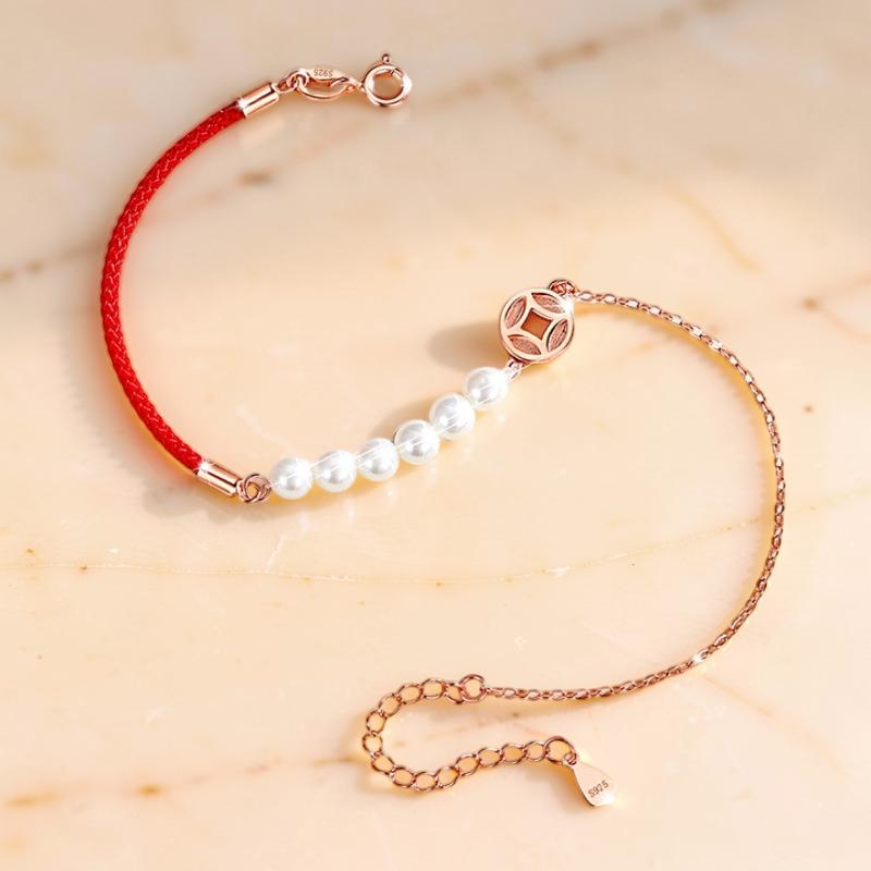 ATELIER-TIBET – Bracelet Cordon Rouge et Nacre – Abondance, Argent
