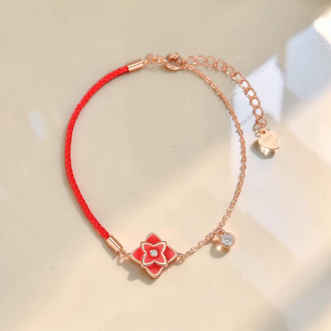 ATELIER-TIBET – Bracelet Cordon Rouge – Fleur de Chance, Argent 925