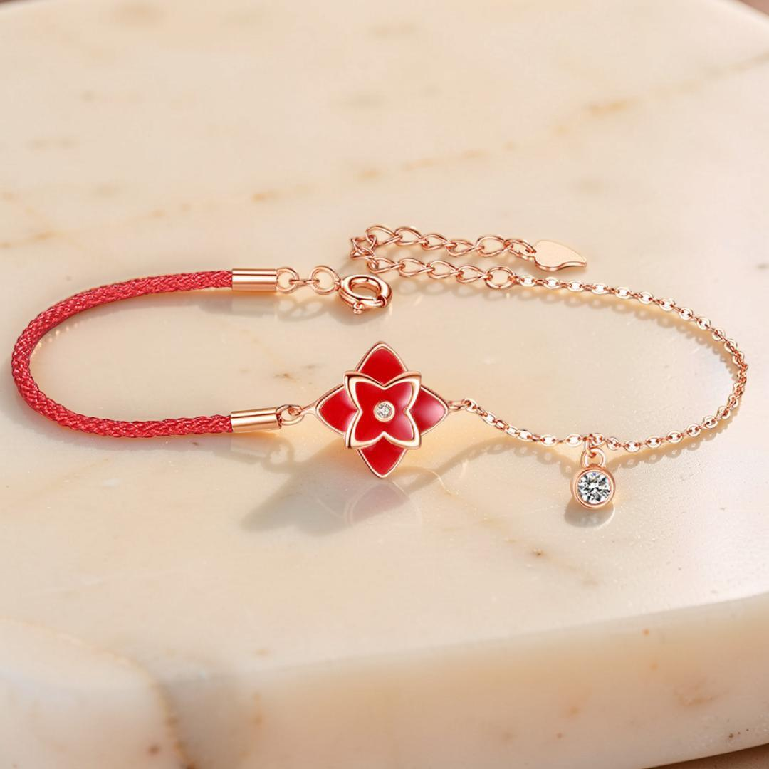 ATELIER-TIBET – Bracelet Cordon Rouge – Fleur de Chance, Argent 925