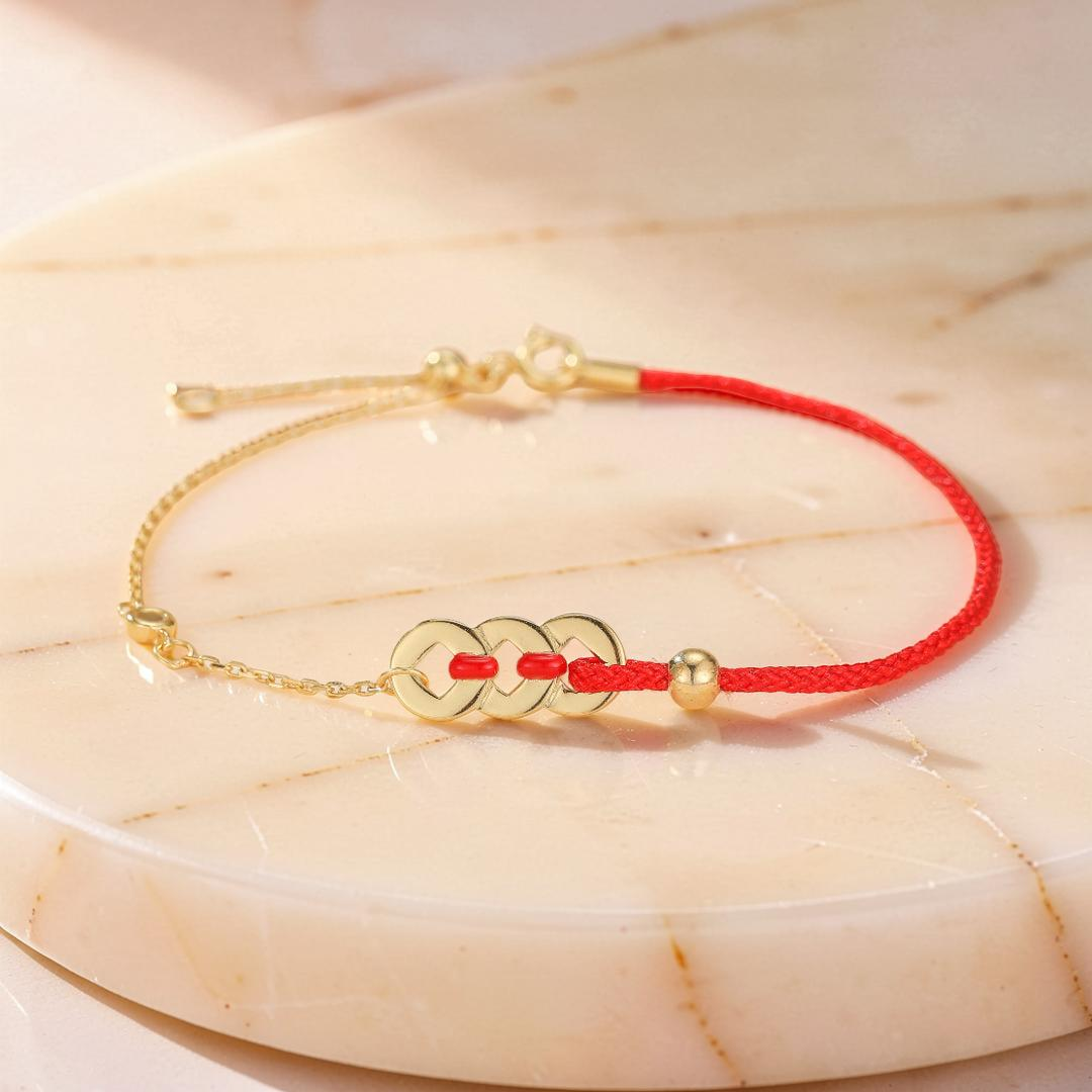 ATELIER-TIBET – Bracelet Cordon Rouge – Monnaies Porte-Bonheur, Argent Plaqué Or 18K