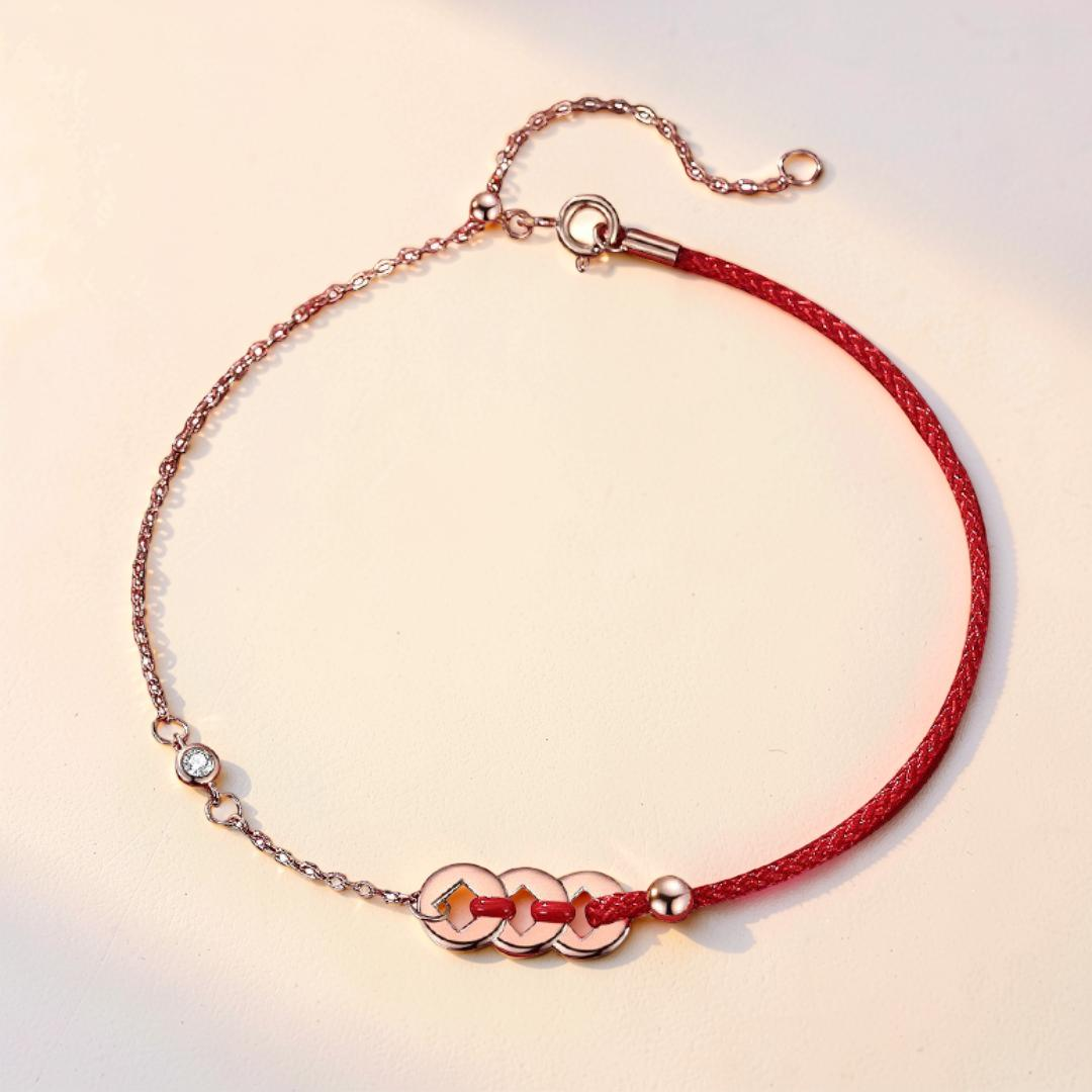 ATELIER-TIBET – Bracelet Cordon Rouge – Monnaies Porte-Bonheur, Argent Plaqué Or 18K