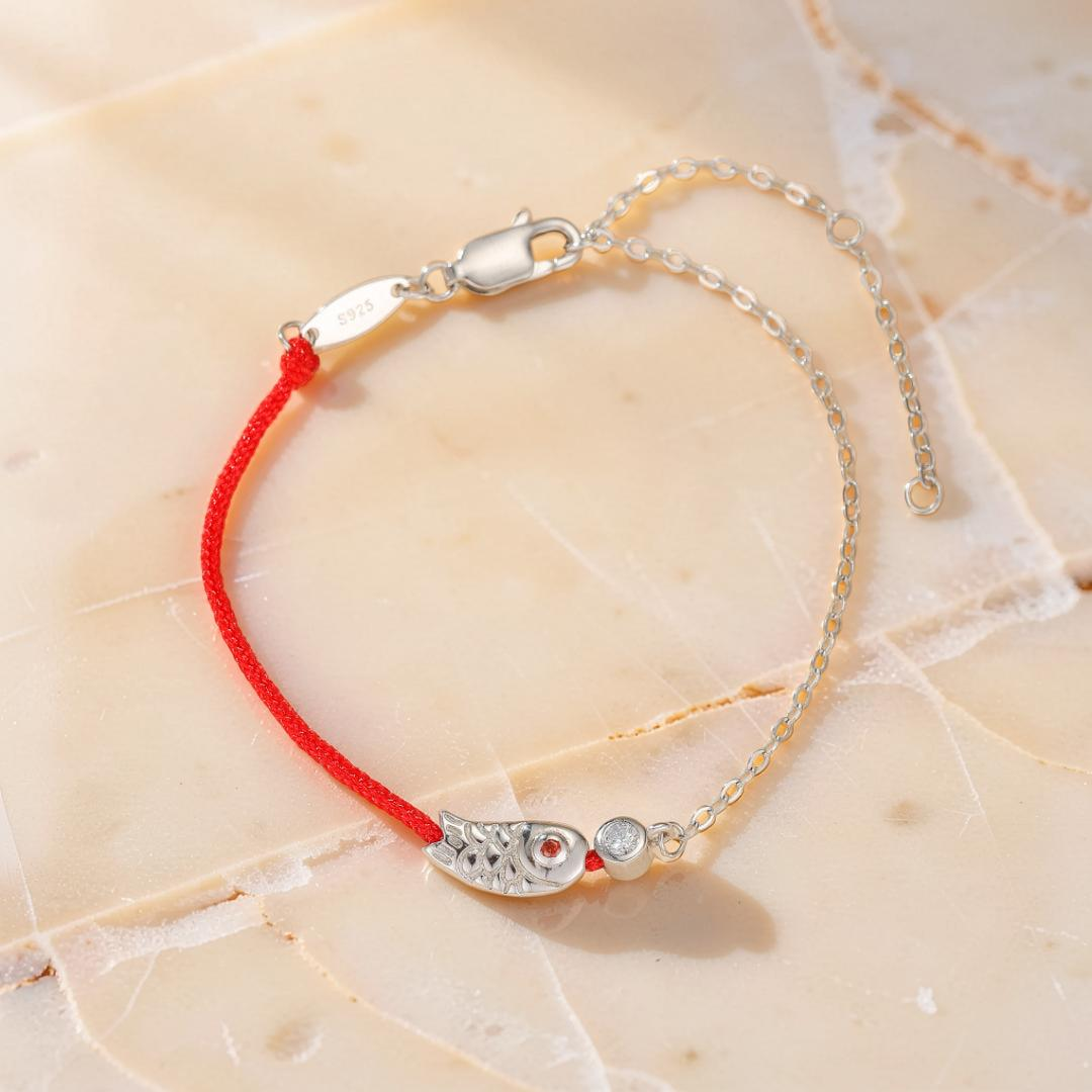 ATELIER-TIBET – Bracelet Cordon Rouge – Poisson Porte-Bonheur, Argent 925