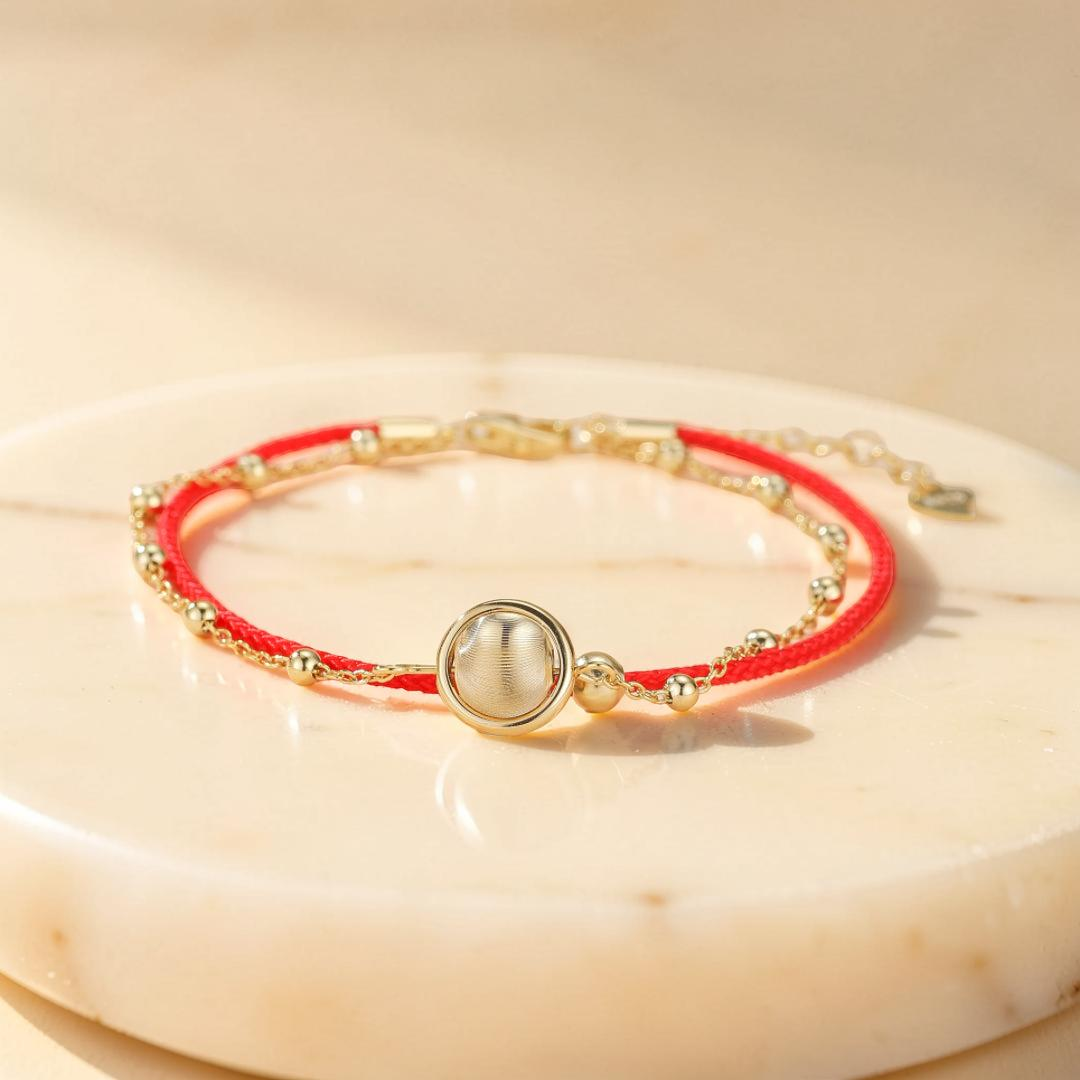 ATELIER-TIBET – Bracelet Cordon Rouge – Roue de la Chance, Argent Plaqué Or
