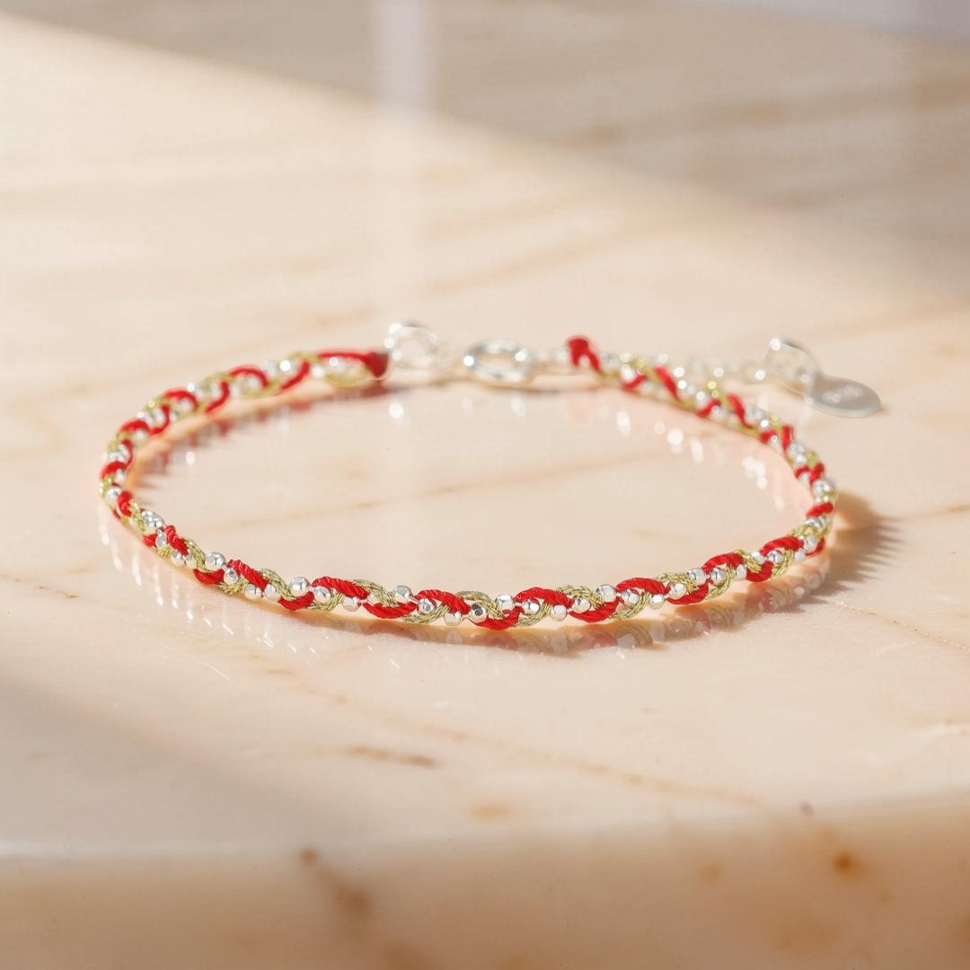 ATELIER-TIBET – Bracelet Cordon Rouge – Tresse de Chance, Argent 925 et Fil Or 14K