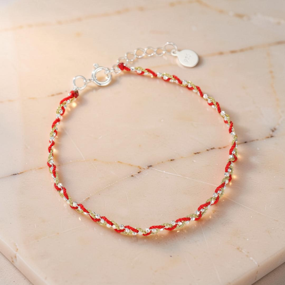 ATELIER-TIBET – Bracelet Cordon Rouge – Tresse de Chance, Argent 925 et Fil Or 14K