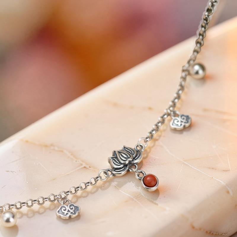ATELIER-TIBET – Bracelet de Cheville Lotus en Agate – Mer Enchantée, Argent