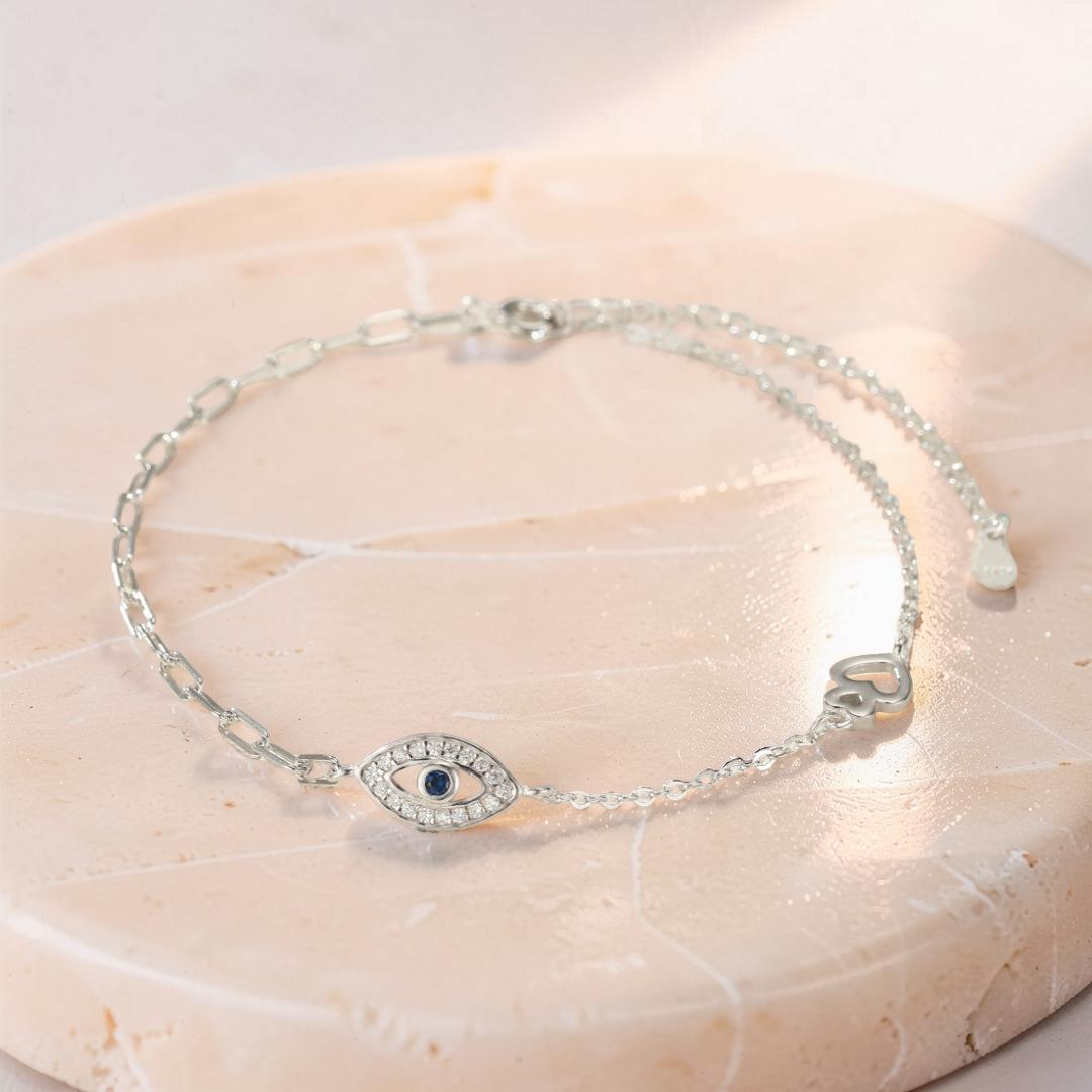 ATELIER-TIBET – Bracelet de Cheville Mauvais Œil – Protection Éclatante, Argent 925