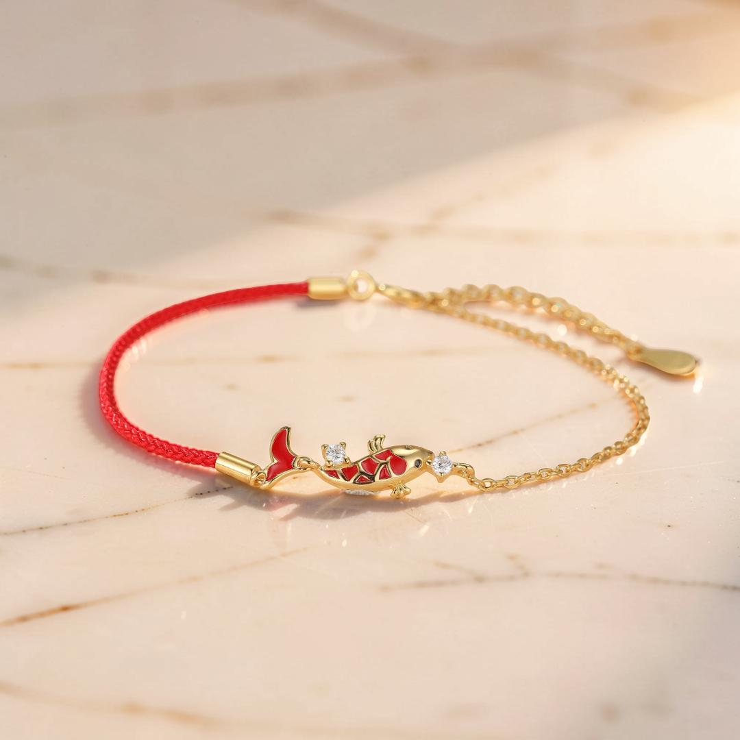 ATELIER-TIBET – Bracelet Fil Rouge avec Carpe Koï – Chance, Argent 925
