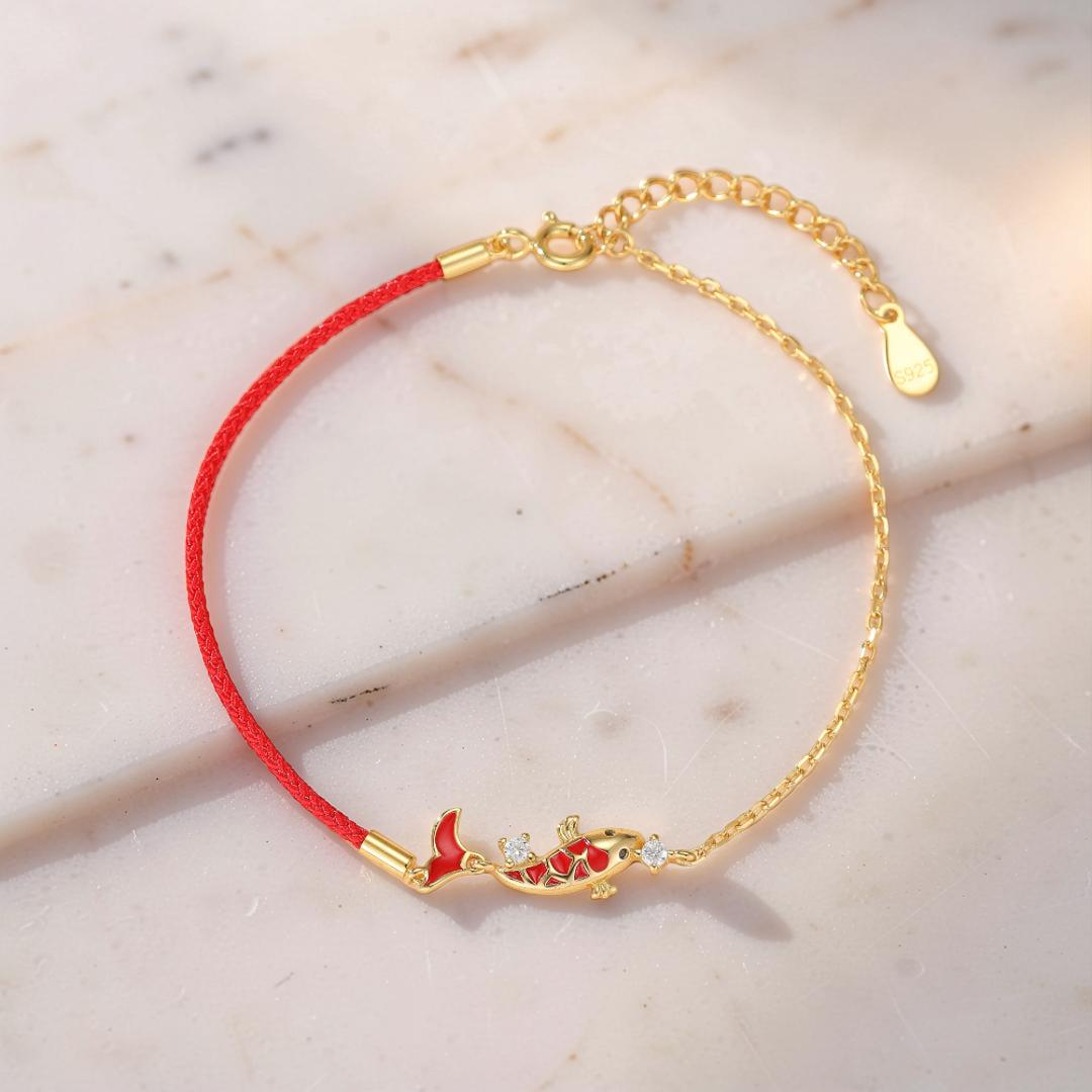 ATELIER-TIBET – Bracelet Fil Rouge avec Carpe Koï – Chance, Argent 925