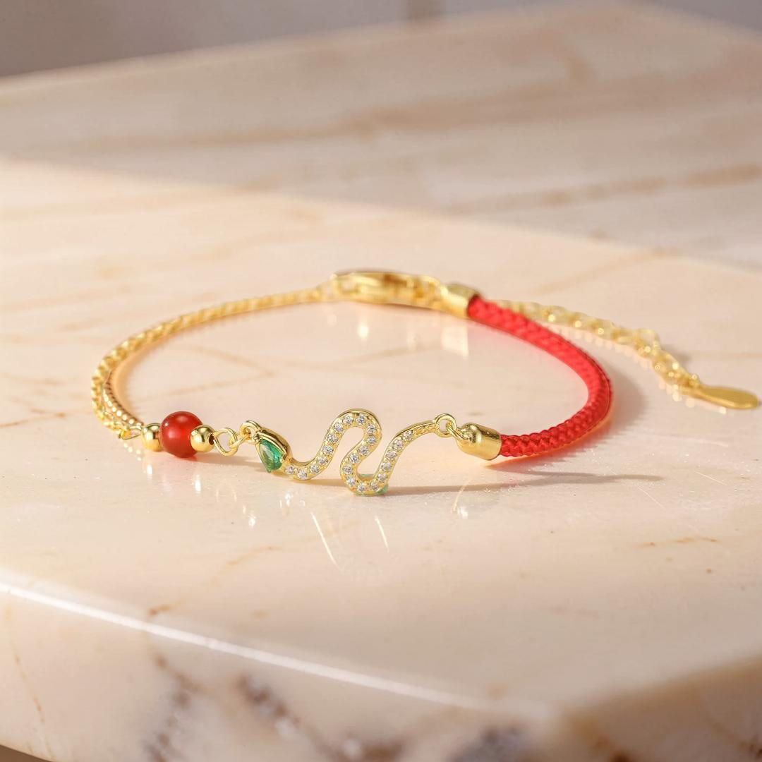 ATELIER-TIBET – Bracelet Fil Rouge Serpent – Force Mystique, Argent Plaqué Or
