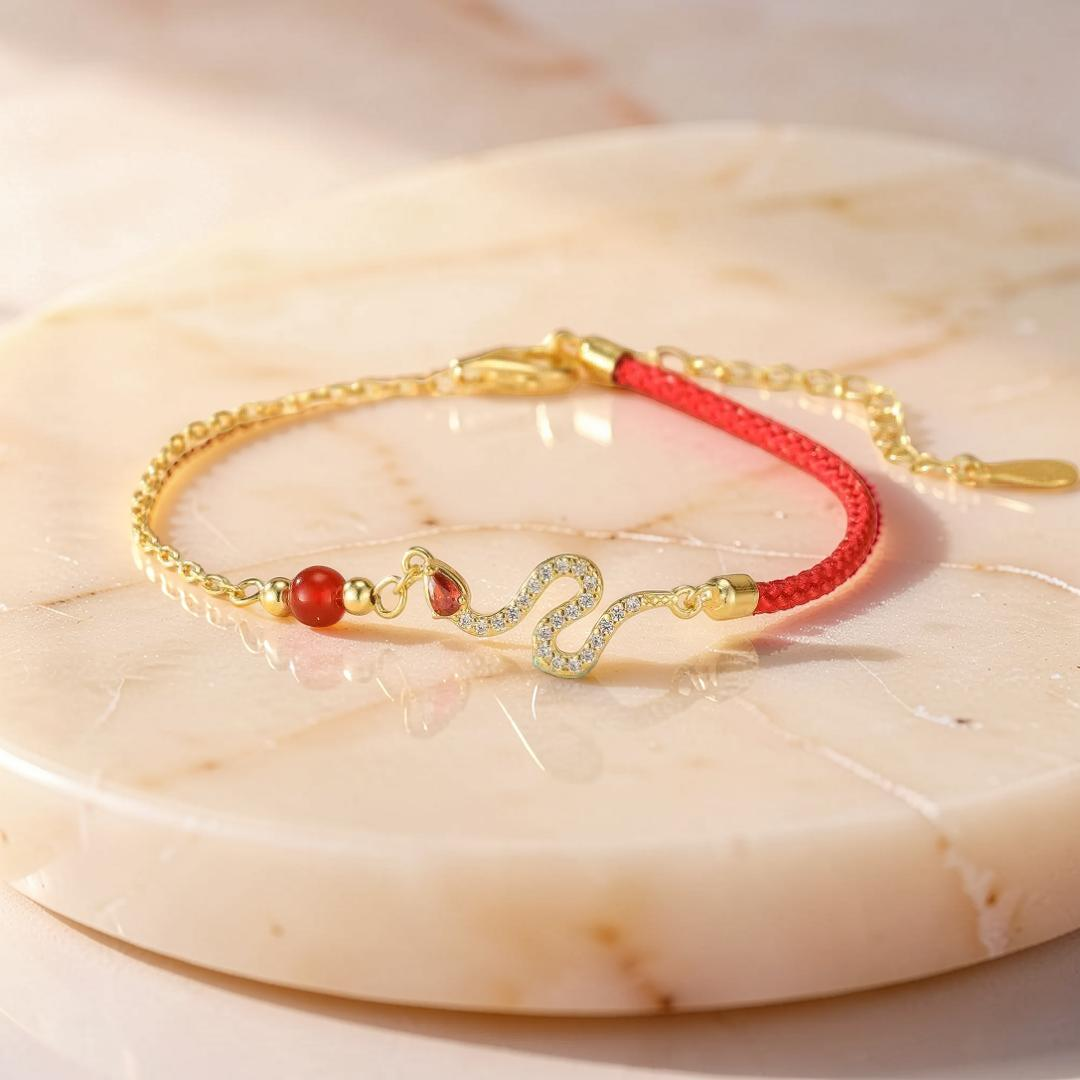 ATELIER-TIBET – Bracelet Fil Rouge Serpent – Force Mystique, Argent Plaqué Or