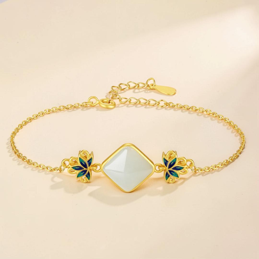 ATELIER-TIBET – Bracelet Jade Blanc – Éveil Lotus Bleu, Argent Plaqué Or