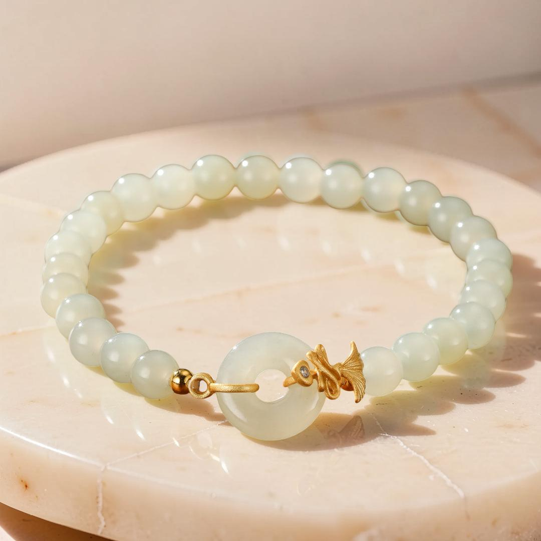 ATELIER-TIBET – Bracelet Jade Blanc – Grâce d'Œillet, Argent Plaqué Or