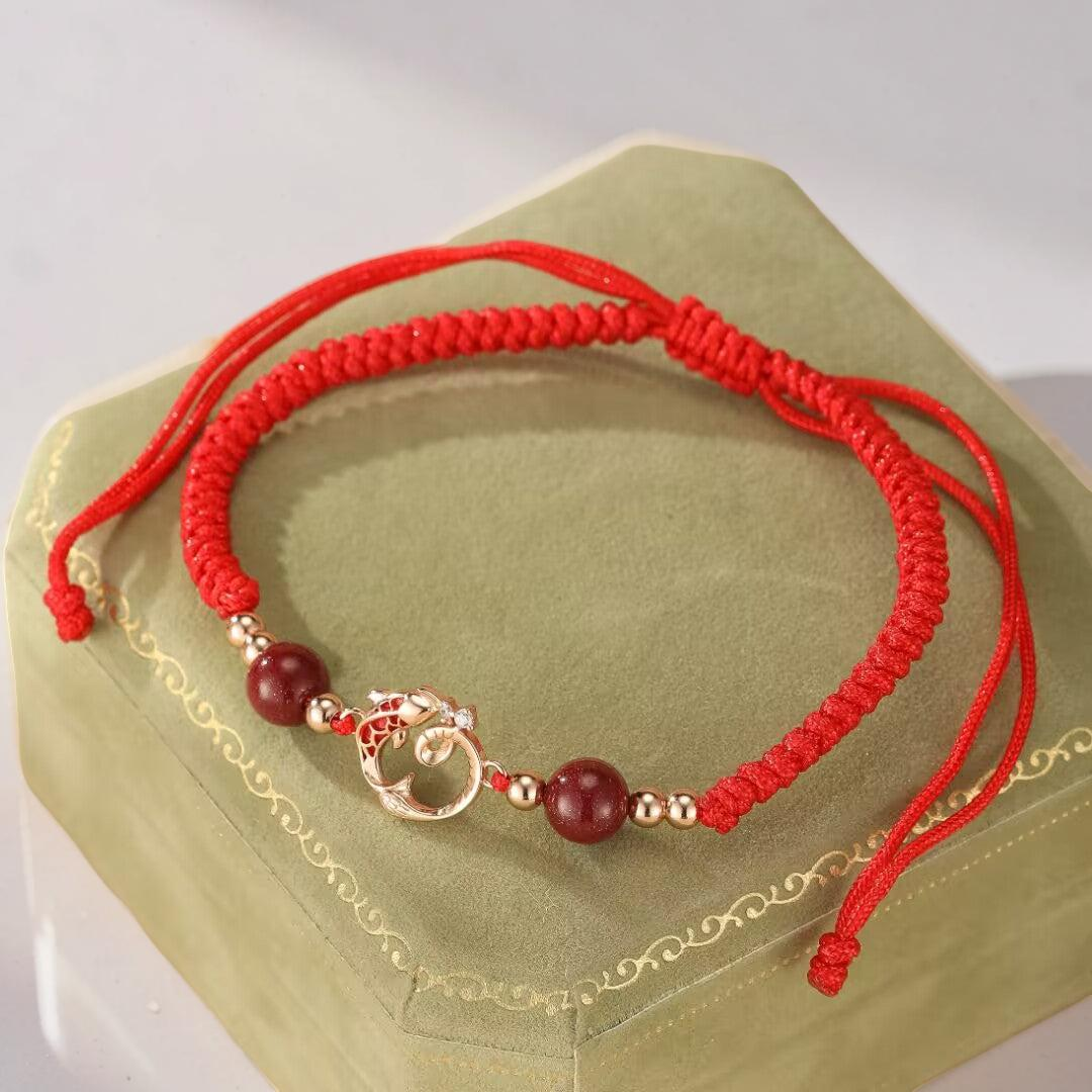ATELIER-TIBET – Bracelet Cordon Jade et Cinabre – Serpent de Fortune, Argent Plaqué Or