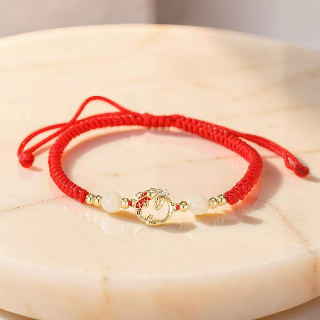 ATELIER-TIBET – Bracelet Cordon Jade et Cinabre – Serpent de Fortune, Argent Plaqué Or