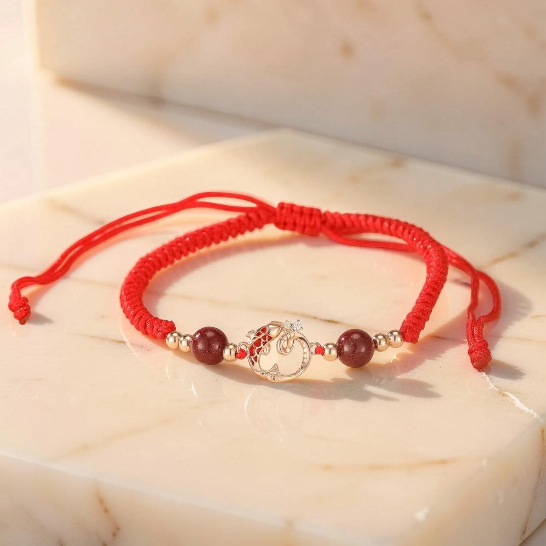 ATELIER-TIBET – Bracelet Cordon Jade et Cinabre – Serpent de Fortune, Argent Plaqué Or