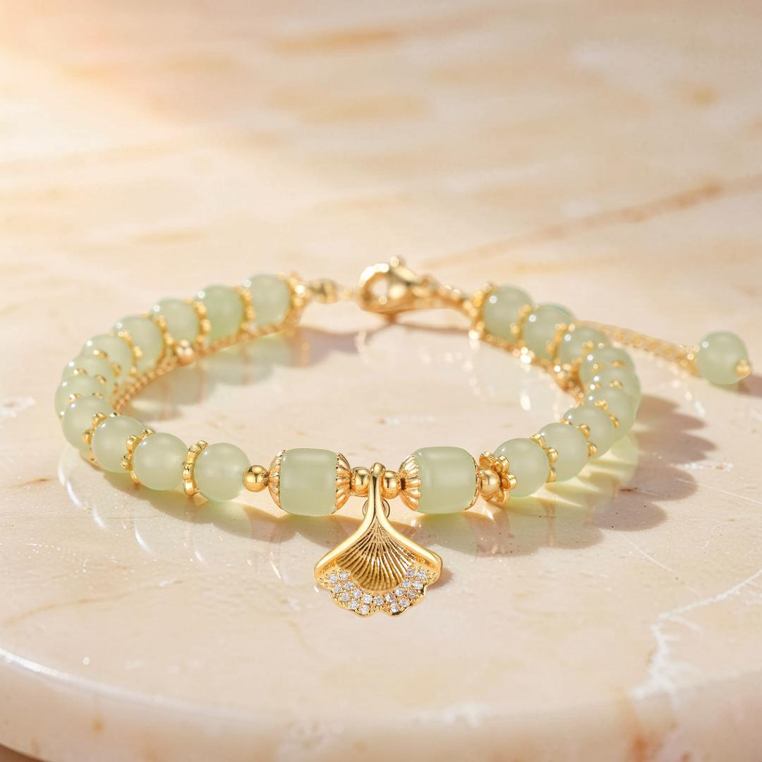 ATELIER-TIBET – Bracelet Jade – Feuille Ginkgo, Argent Plaqué Or