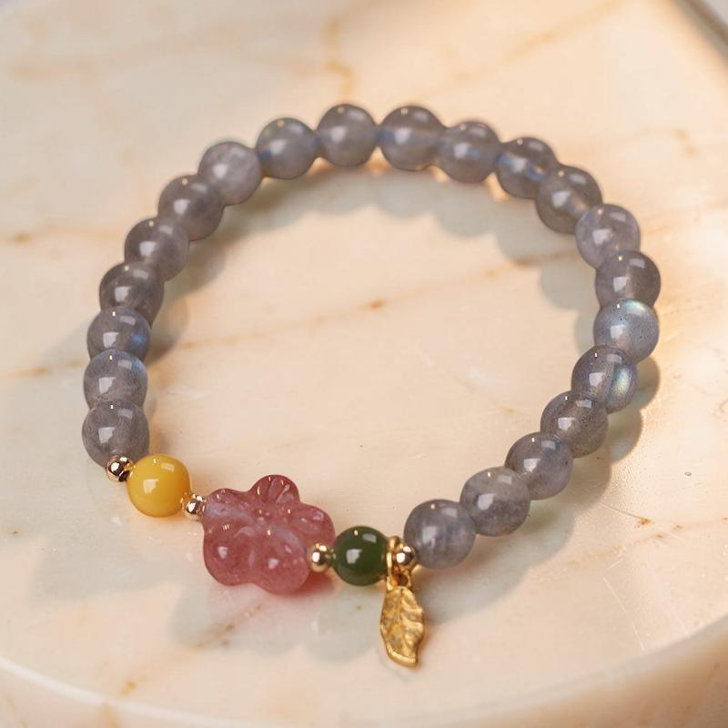 ATELIER-TIBET – Bracelet Labradorite et Quartz Fraise – Feuille Dorée