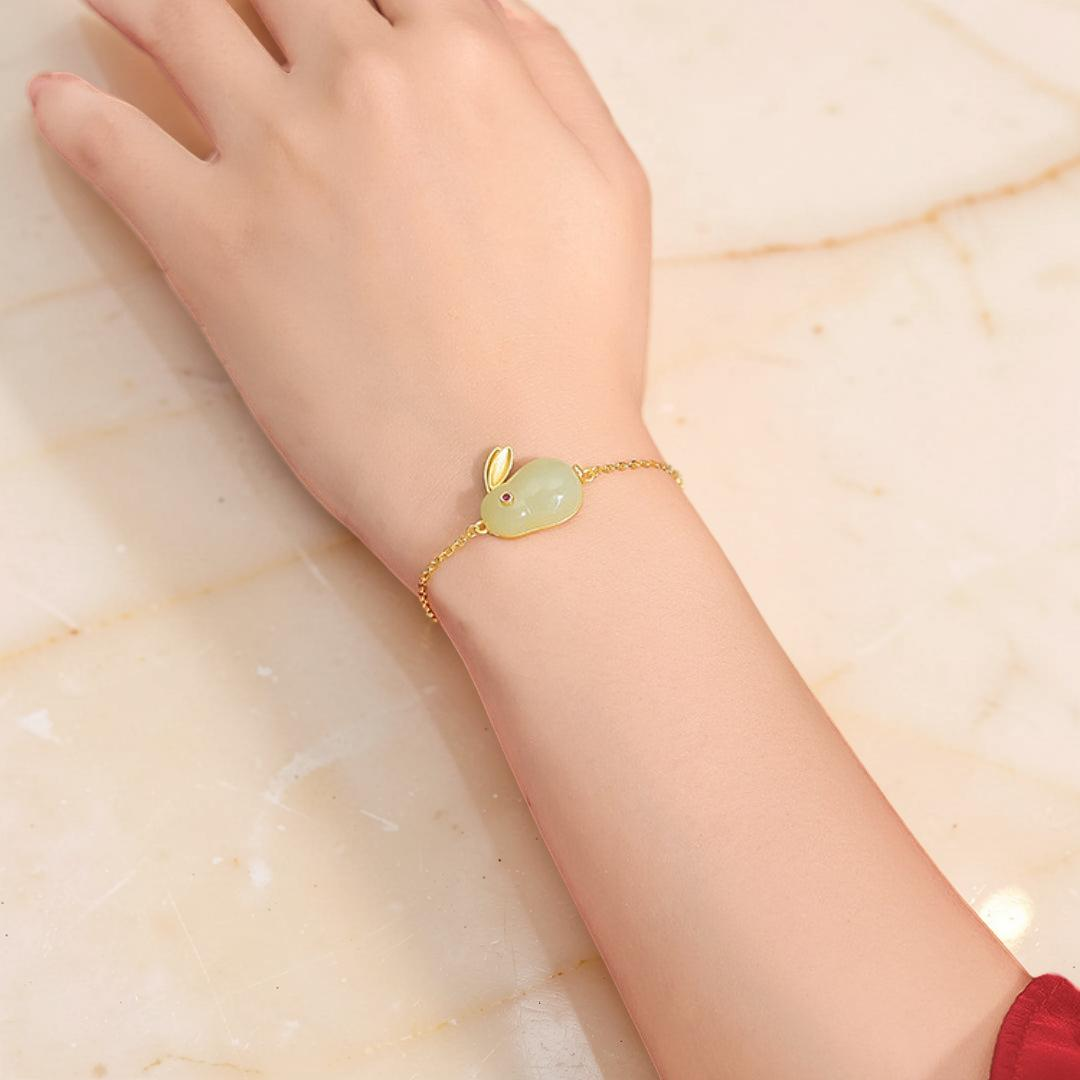 ATELIER-TIBET – Bracelet Lapin en Jade – Sagesse, Argent Plaqué Or