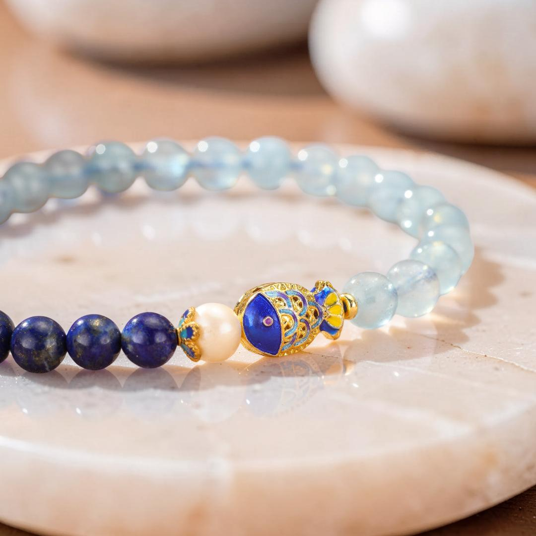 ATELIER-TIBET – Bracelet Lapis Lazuli et Aigue Marine - Poisson de Bonheur