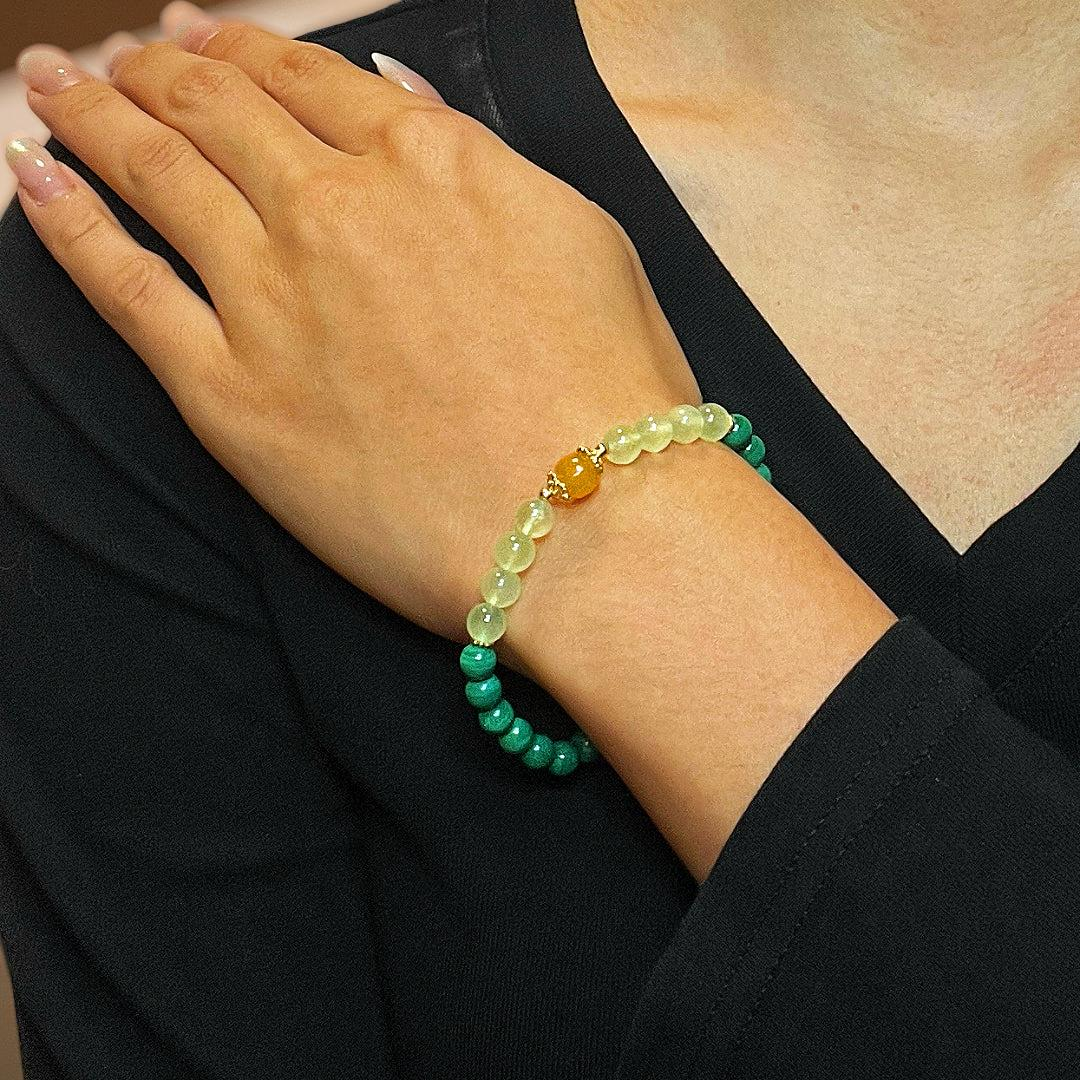 ATELIER-TIBET – Bracelet Malachite, Préhnite et Ambre – Harmonie des Énergies