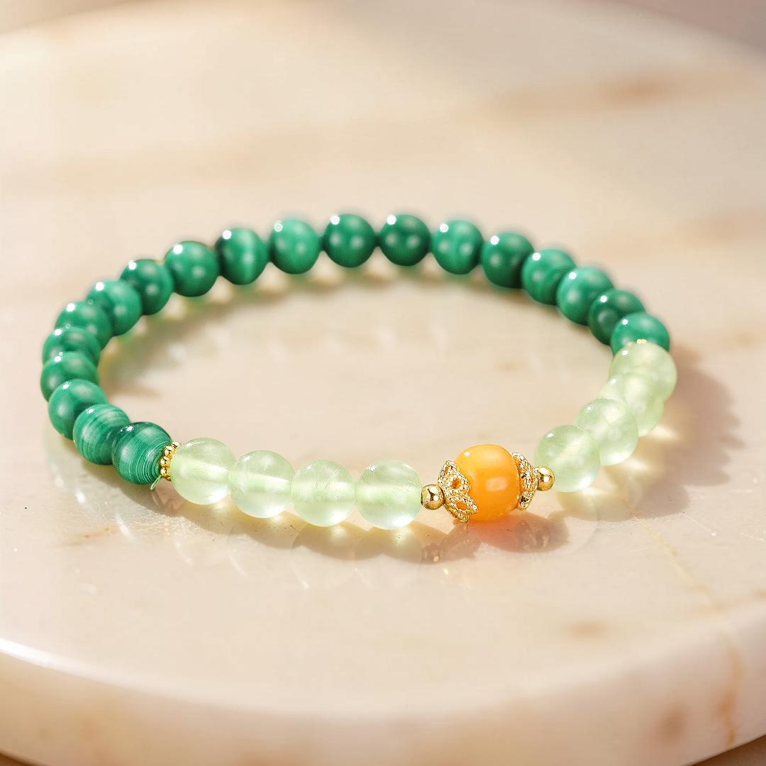 ATELIER-TIBET – Bracelet Malachite, Préhnite et Ambre – Harmonie des Énergies