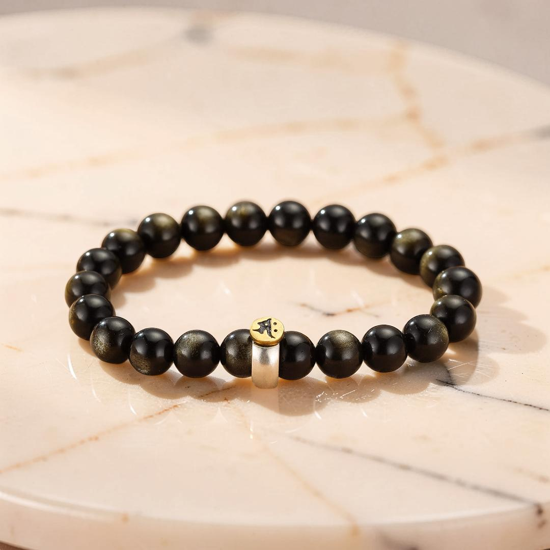 ATELIER-TIBET – Bracelet Obsidienne Cheval/Coq – Force Intérieure, Argent