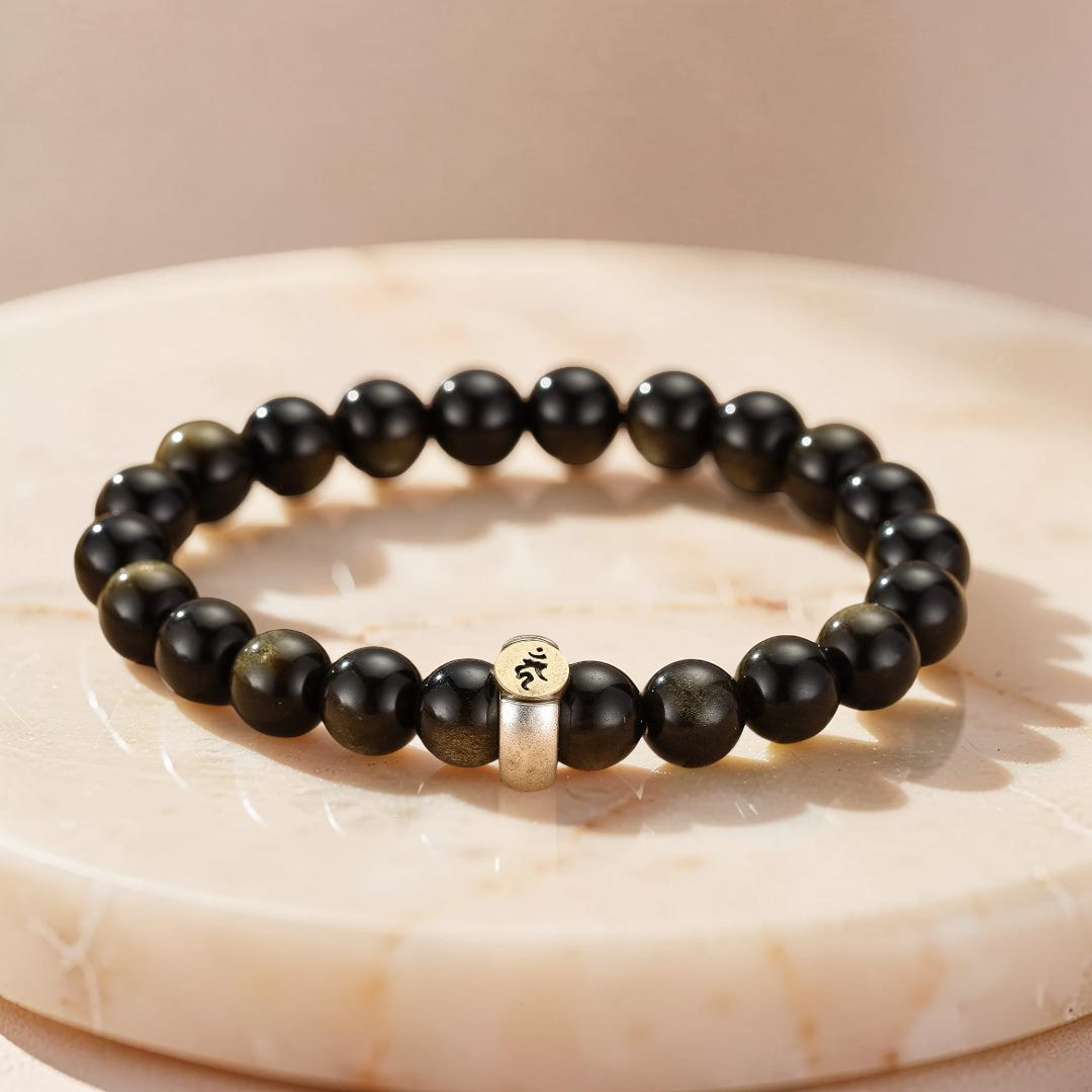 ATELIER-TIBET – Bracelet Obsidienne Cheval/Coq – Force Intérieure, Argent
