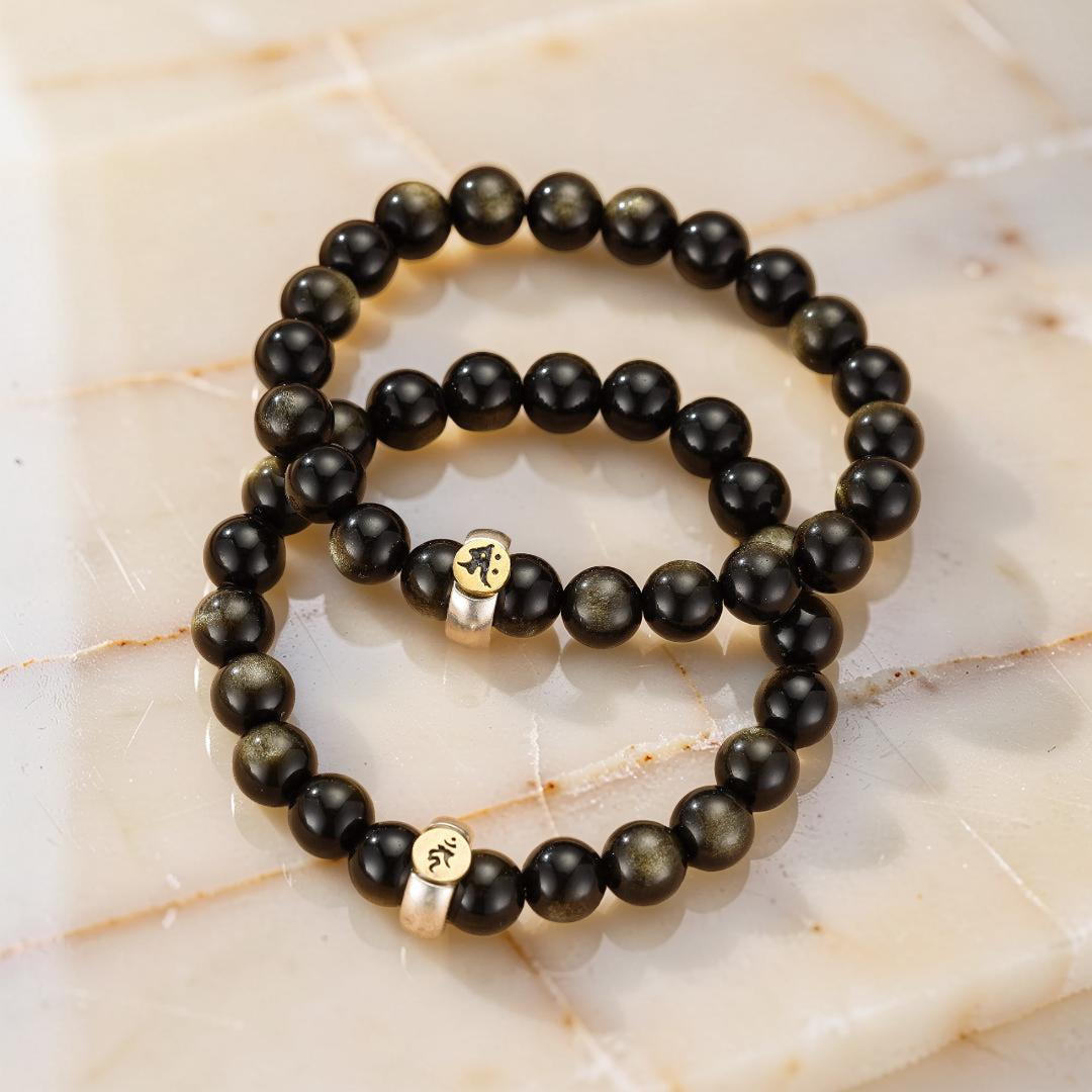 ATELIER-TIBET – Bracelet Obsidienne Cheval/Coq – Force Intérieure, Argent