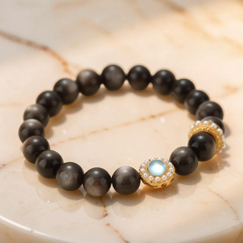 ATELIER-TIBET – Bracelet Obsidienne et Aigue Marine – Éclat Marin