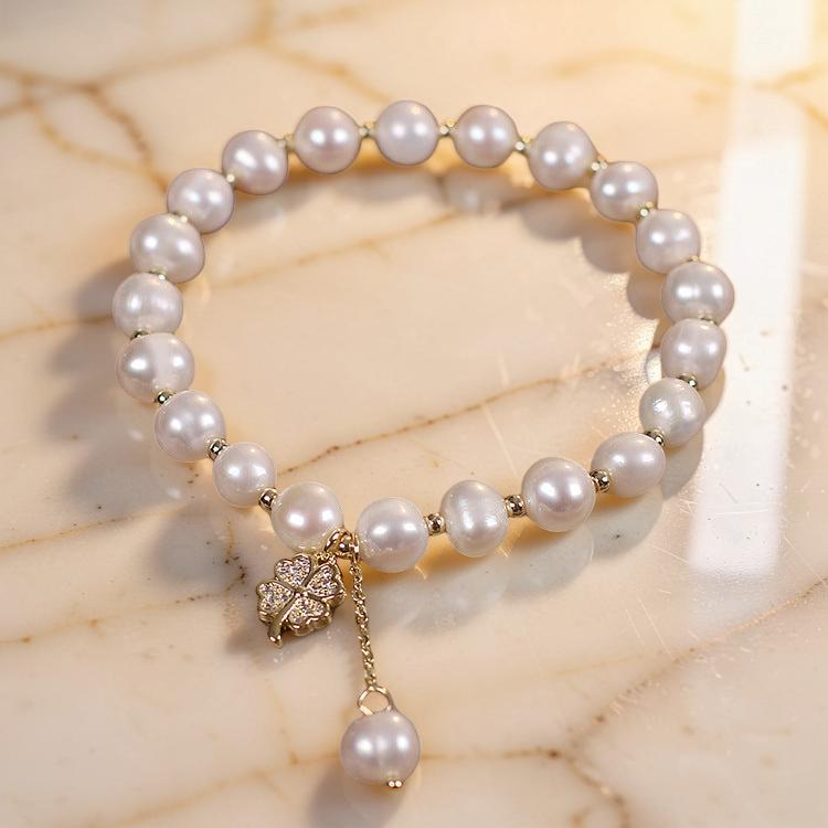 ATELIER-TIBET – Bracelet Perle d'Eau Douce – Trèfle à Quatre Feuilles