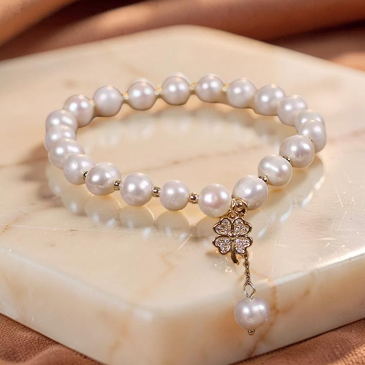 ATELIER-TIBET – Bracelet Perle d'Eau Douce – Trèfle à Quatre Feuilles