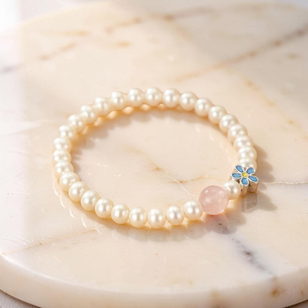 ATELIER-TIBET – Bracelet Perle et Quartz Rose – Tendresse Fleurie, Argent Pur