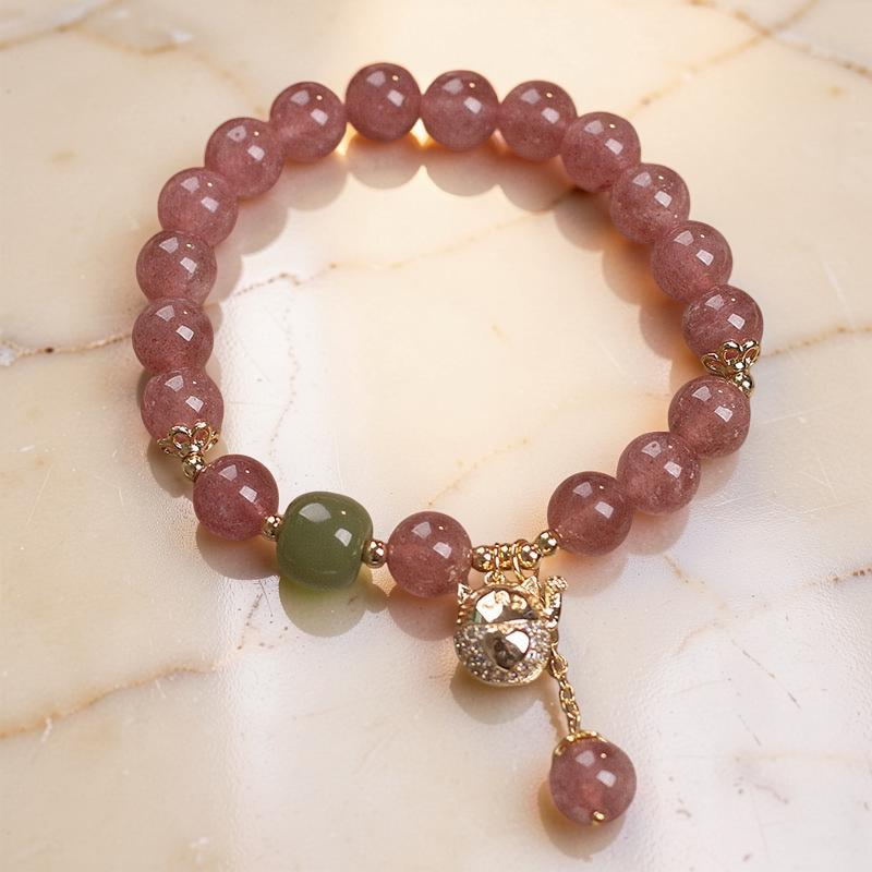 ATELIER-TIBET – Bracelet Quartz Fraise – Maneki-neko, Argent Plaqué Or
