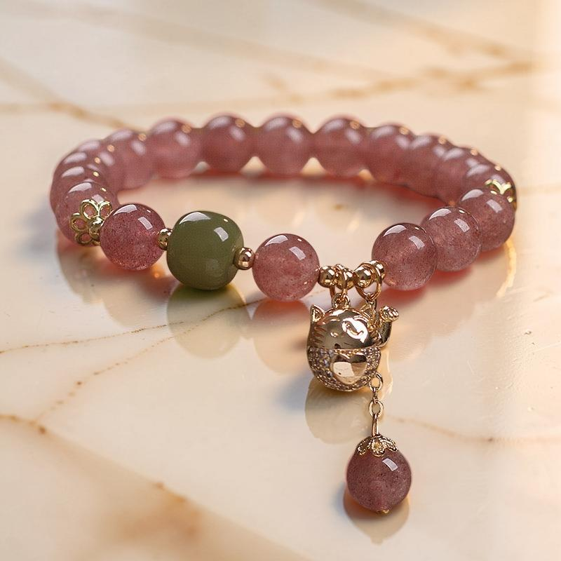 ATELIER-TIBET – Bracelet Quartz Fraise – Maneki-neko, Argent Plaqué Or