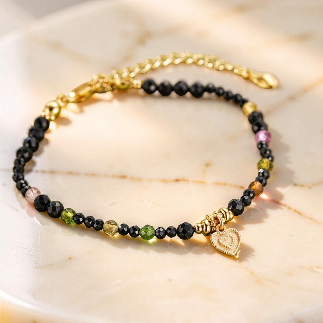ATELIER-TIBET – Bracelet Tourmaline et Spinelle Noire – Talisman du Cœur, Argent Plaqué Or