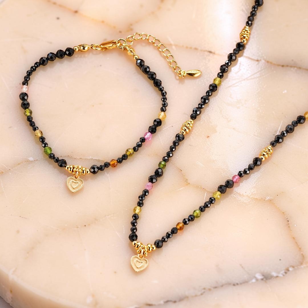 ATELIER-TIBET – Bracelet Tourmaline et Spinelle Noire – Talisman du Cœur, Argent Plaqué Or
