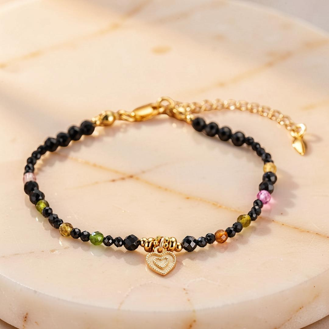 ATELIER-TIBET – Bracelet Tourmaline et Spinelle Noire – Talisman du Cœur, Argent Plaqué Or