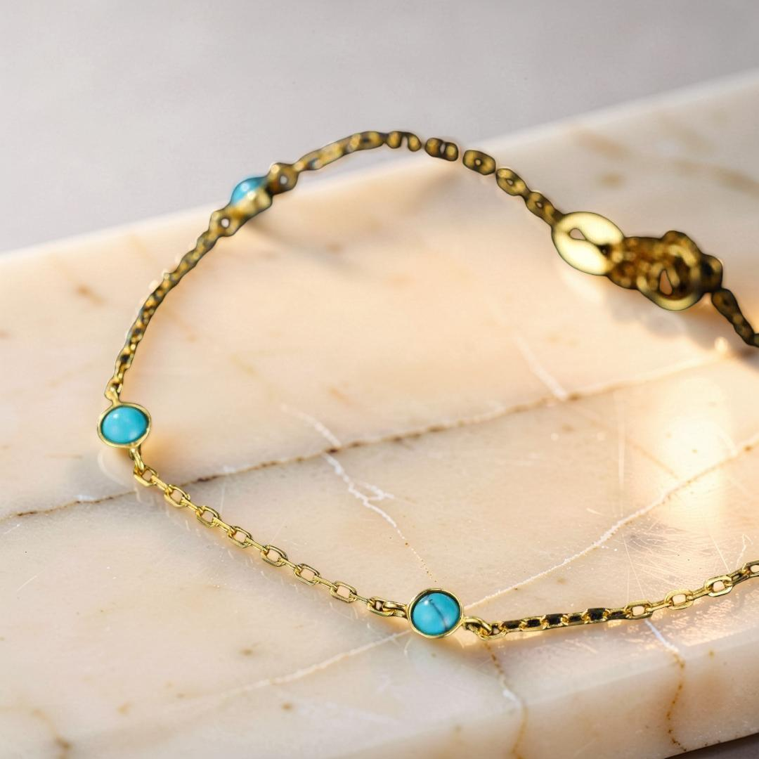 ATELIER-TIBET – Bracelet Turquoise – Perles du Soleil, Argent Plaqué Or