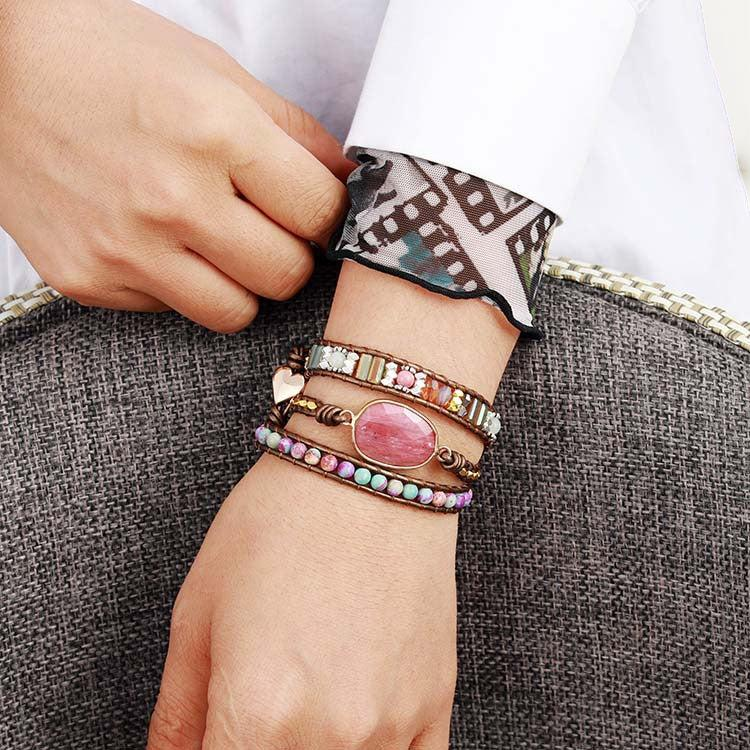 ATELIER-TIBET – Bracelet Wrap Rhodochrosite et Jaspe – Éclat de Vitalité