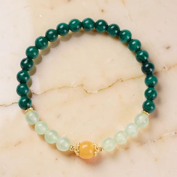 ATELIER-TIBET – Bracelet Malachite, Préhnite et Ambre – Harmonie des Énergies