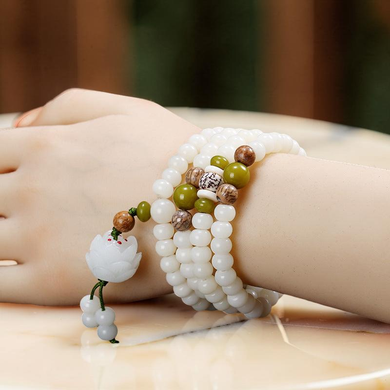 ATELIER-TIBET – Mâlâ Jade et Graine de Bodhi – Fleur de Jade, 108 Perles