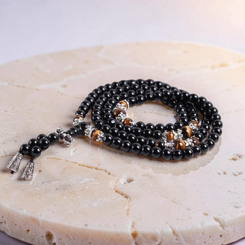 ATELIER-TIBET – Mâlâ 108 Perles en Obsidienne, Œil de Tigre/Agate - Tigridienne